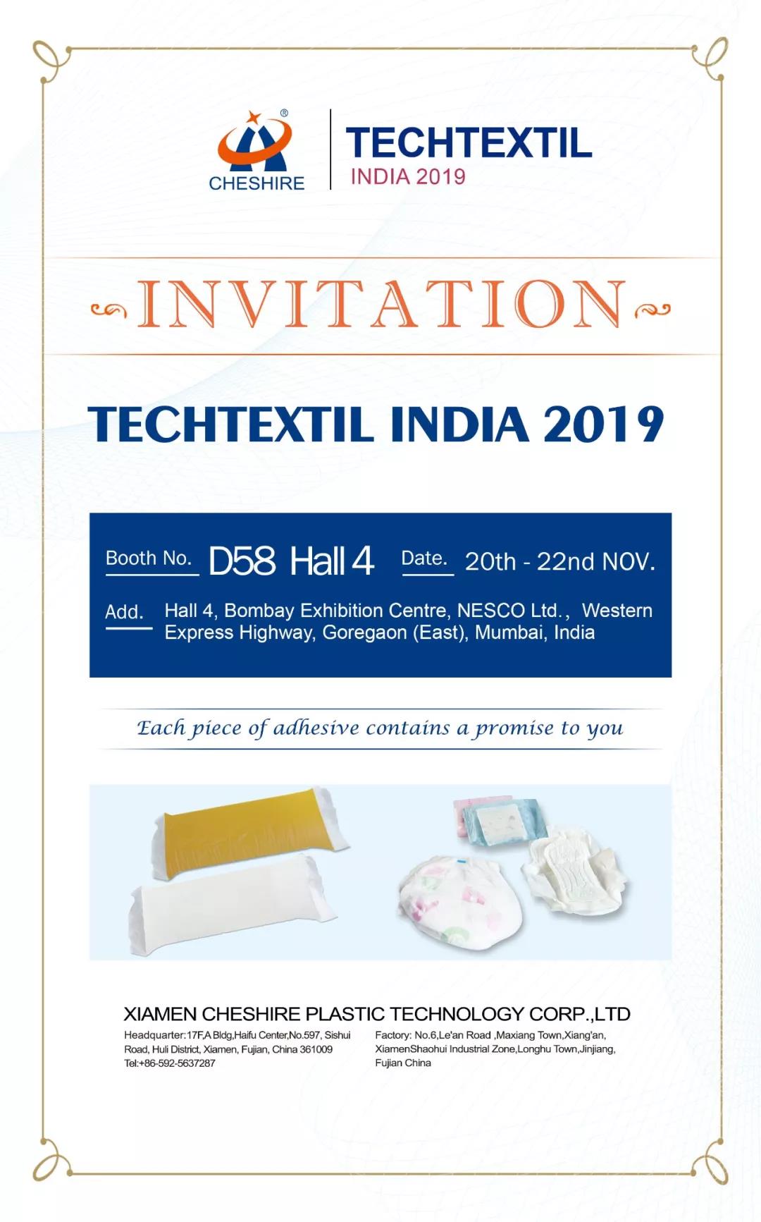 TECHTEXTIL INDIA 2019丨Welcome to Cheshire's booth D58 Hall4