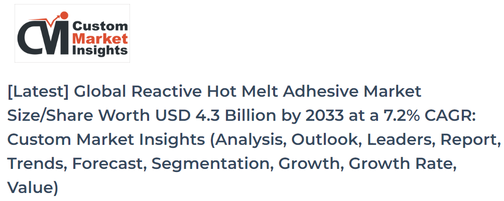 Global Reactive Hot Melt Adhesive Market Size/Share Worth USD 4.3 Billion by 2033 at a 7.2% CAGR: Custom Market Insights (Analysis, Outlook, Leaders, Report, Trends, Forecast, Segmentation, Growth, Growth Rate, Value)